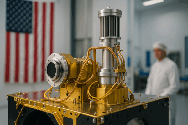Fotorealistische afbeelding van een hightech satellietcomponent met cryogene technologie in een cleanroom, met subtiele Amerikaanse vlag op de achtergrond.