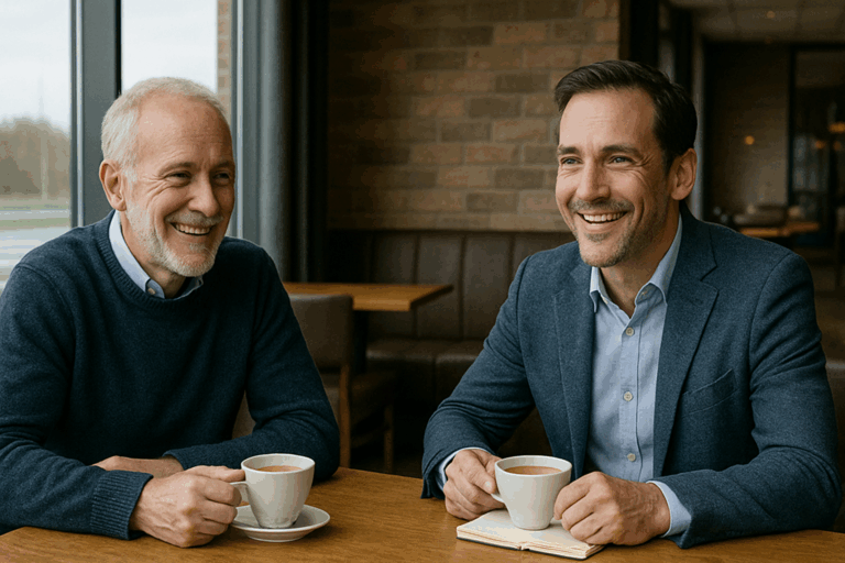 Fotorealistische afbeelding van twee mannen in gesprek aan een rustige tafel in een restaurant, in werkoutfit, met koffie op tafel, in een ontspannen sfeer.