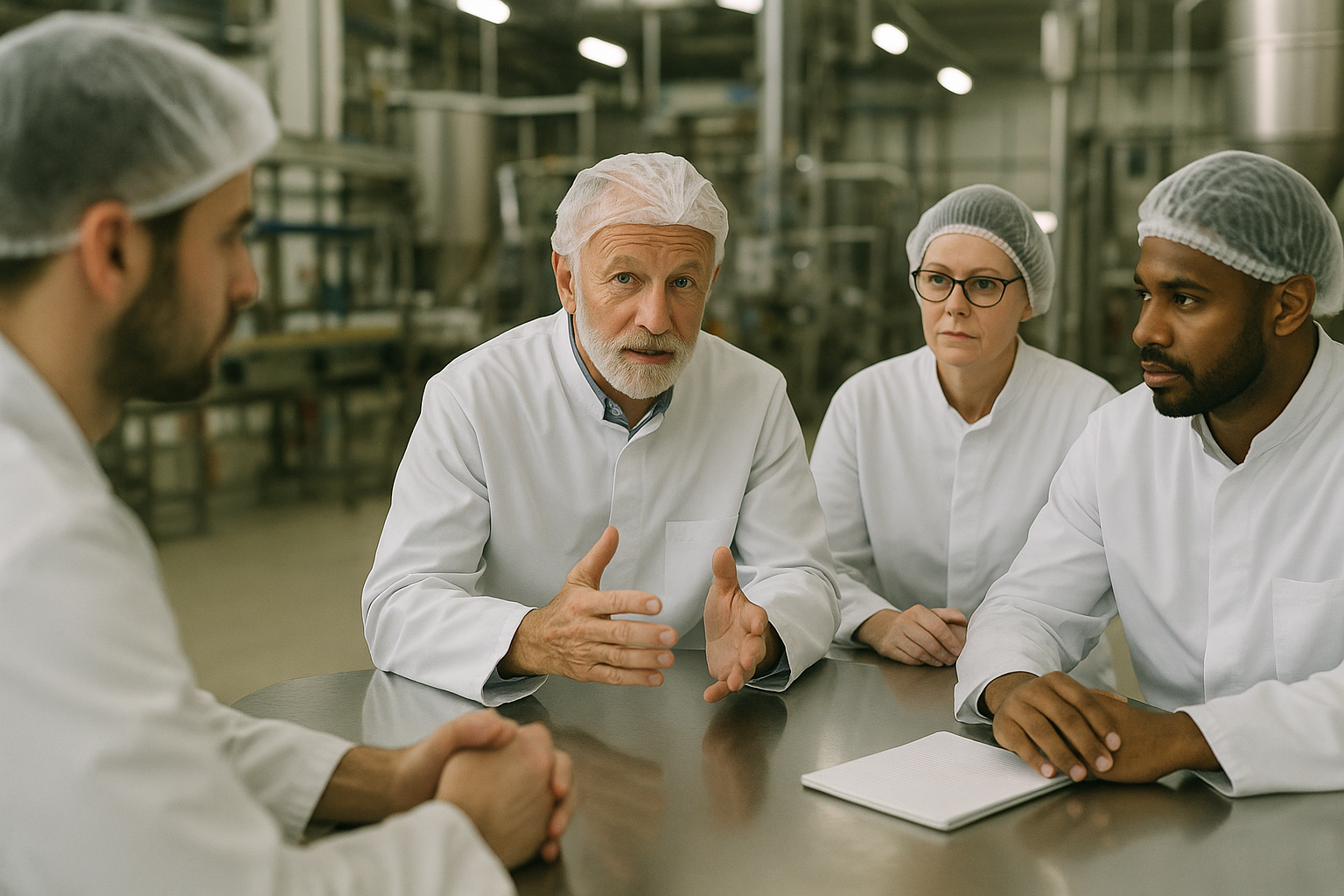 Fotorealistische afbeelding van een commercieel overleg in een industriële omgeving, met technisch geschoolde medewerkers rond een vergadertafel, werkend aan een whiteboard met verkoopstructuur en schema’s op de achtergrond.