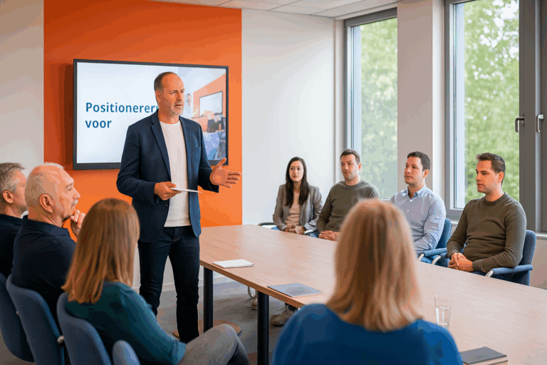 Salestrainer presenteert positioneringsaanpak aan team in moderne vergaderruimte met oranje muur
