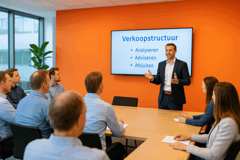 Salestrainer legt uniforme verkoopstructuur uit aan groep professionals tijdens training in 4YT kantooromgeving