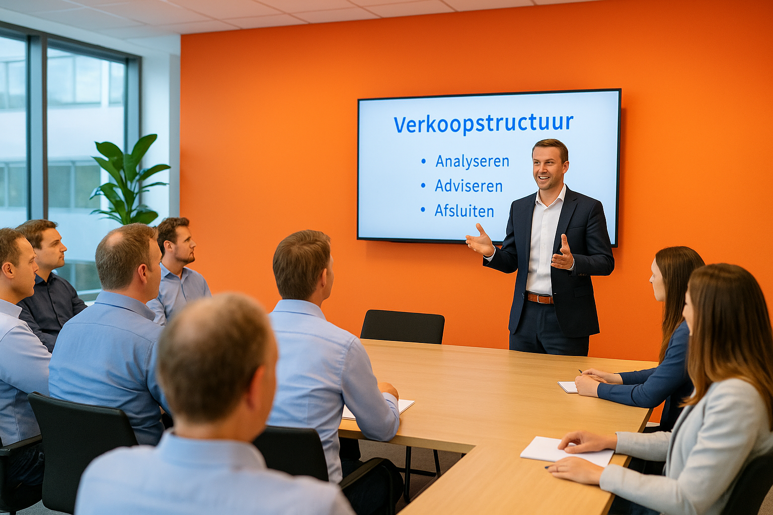 Klantcase – salestrainer-verkoopstructuur-training-4yt.jpg Salestrainer legt uniforme verkoopstructuur uit aan groep professionals tijdens training in 4YT kantooromgeving