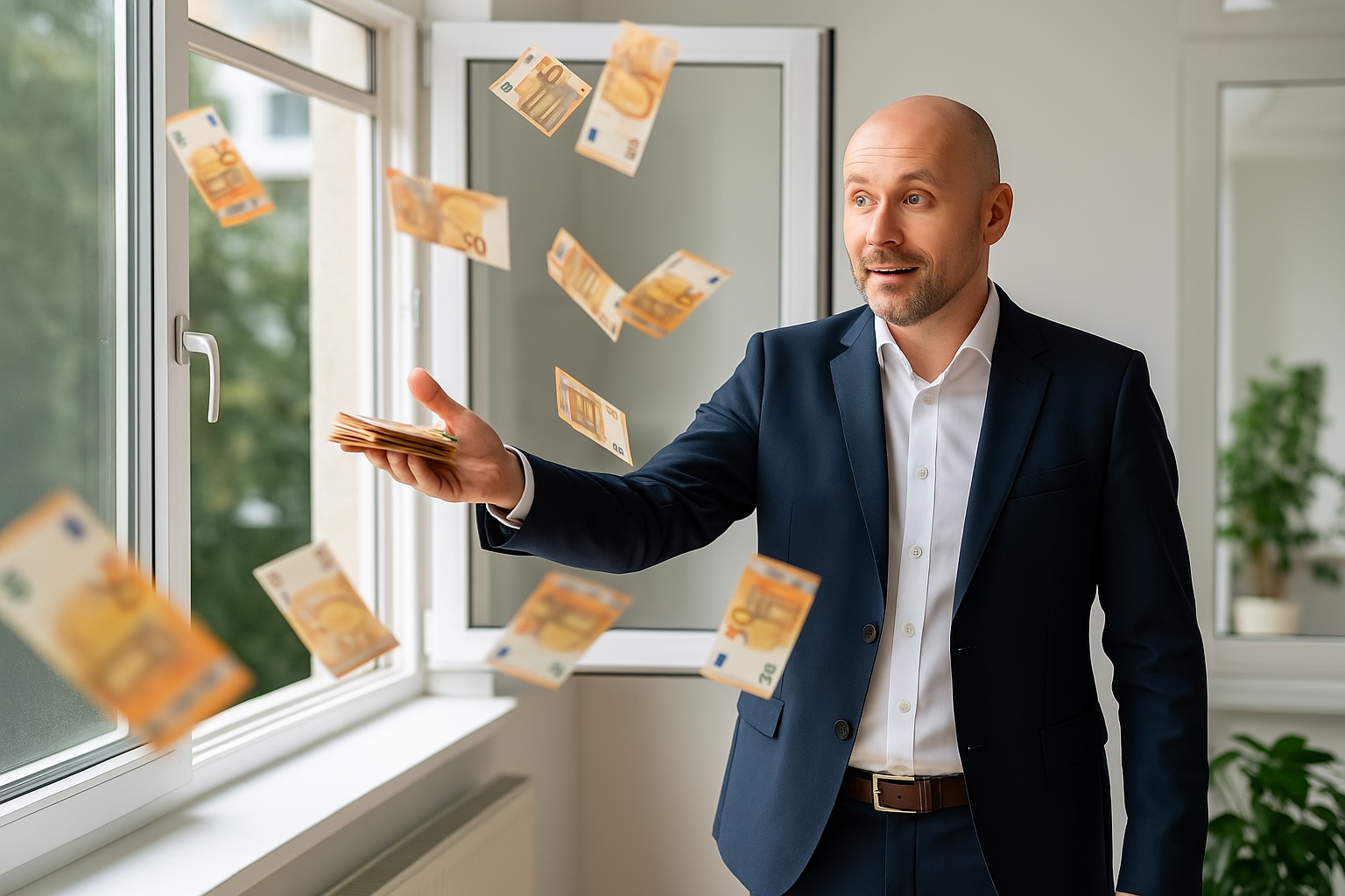 Wat kost een verkooptraing Zakelijke man in pak gooit eurobiljetten uit het raam van een kantoor – symboliseert verspilde trainingsinvesteringen zonder structurele opvolging