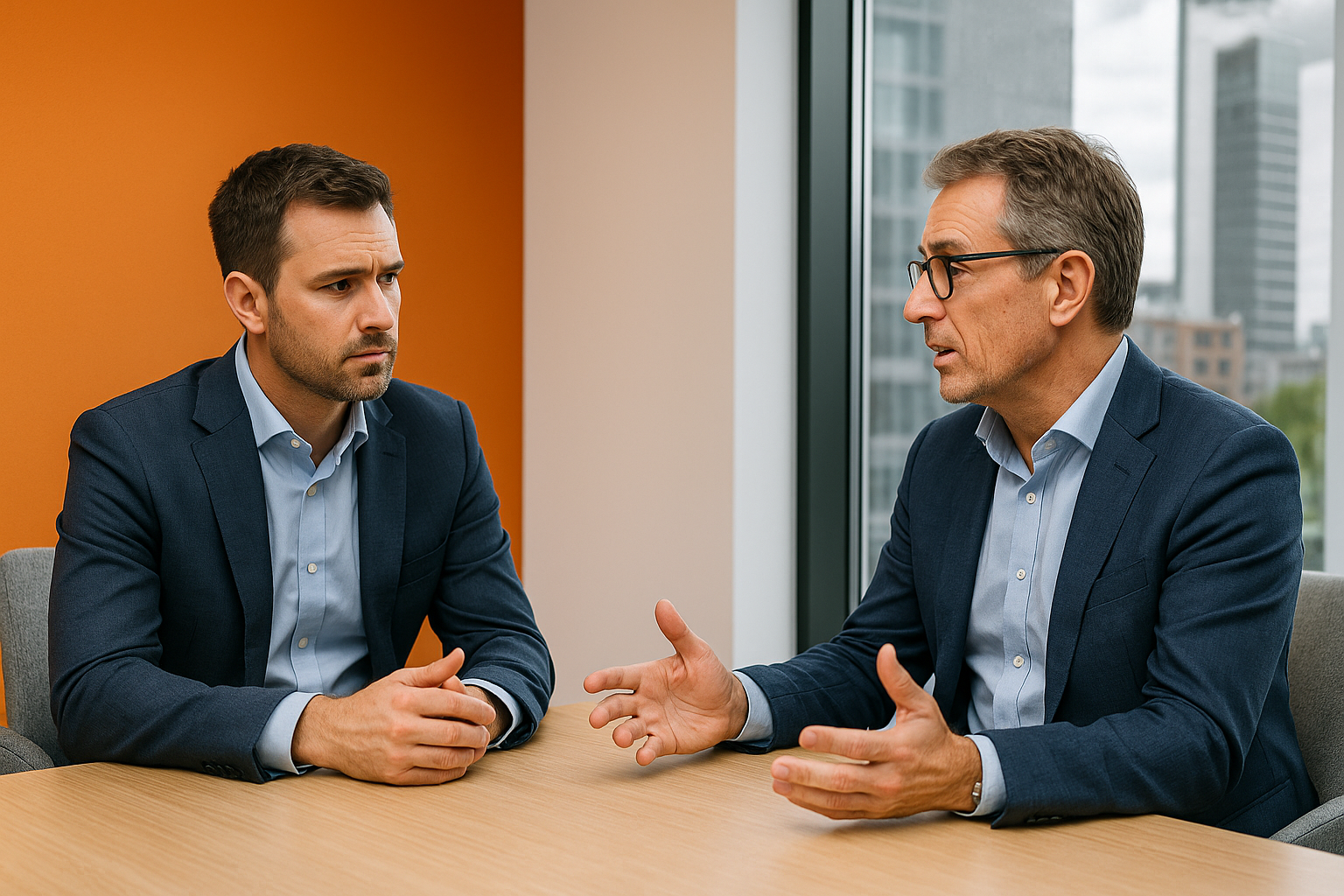 Blog – commerciele-coaching Coach in gesprek met verkoper tijdens commerciële coaching sessie in moderne kantooromgeving.