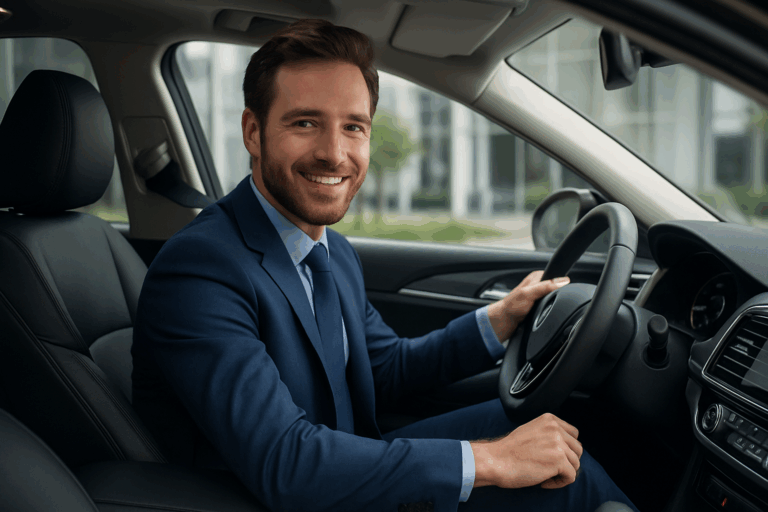 Verkoper in de auto onderweg naar klant.
