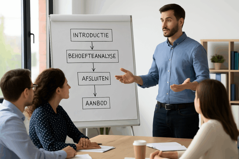 Trainer begeleidt sales team in gespreksstructuur tijdens interactieve sessie