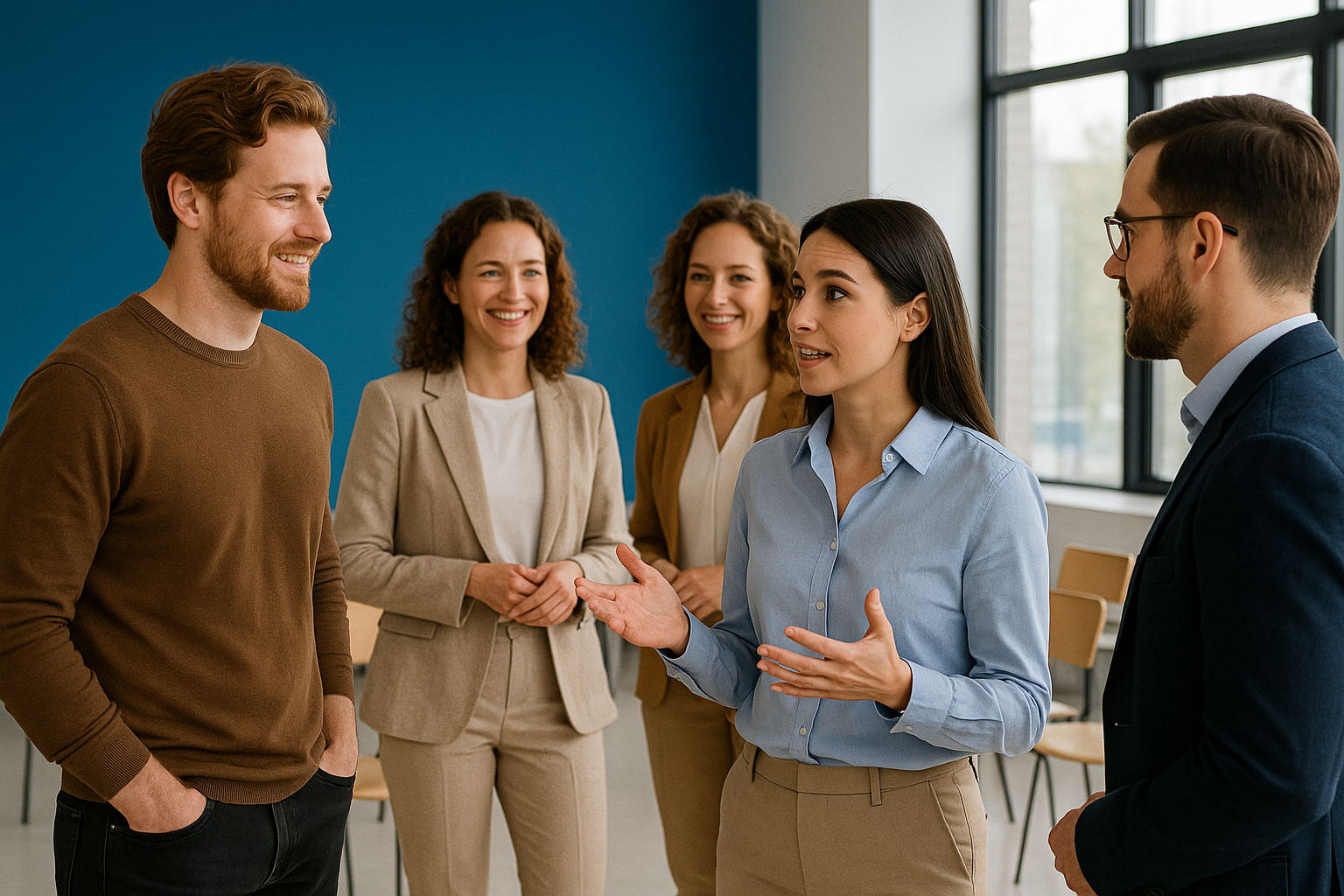 Groep professionals in gesprek in een moderne trainingsruimte